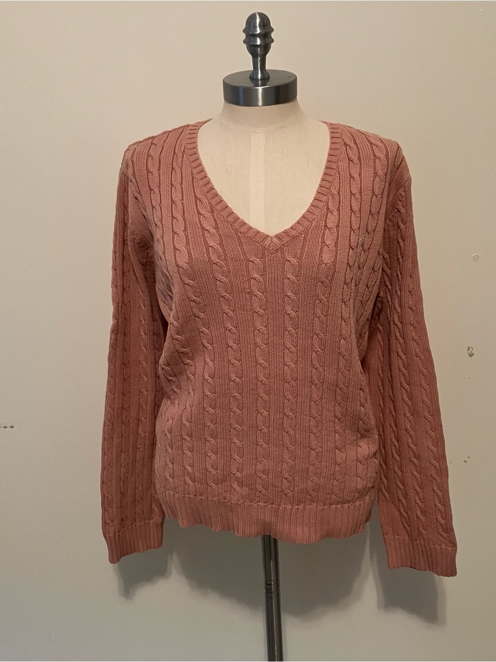 Lauren Ralph Lauren Women’s Cable Knit V-neck Sweater Coral L Preppy Cotton
